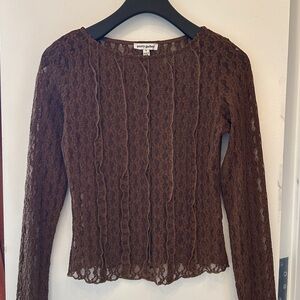 Pretty Garder Brown Lace Long-Sleeve Sheer Top